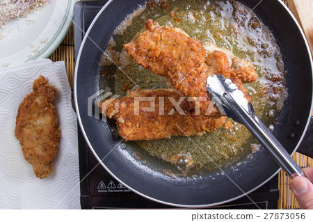 Chef deep fried pork in pan 27873056