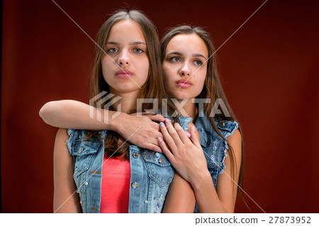 Portrait of two beautiful twin young women 27873952