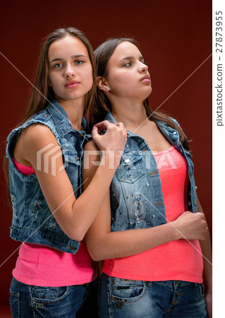 Portrait of two beautiful twin young women Portrait of two beautiful twin young women 27873955