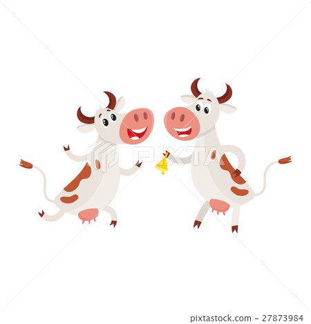 Two cows, one ringing a bell and another running Two cows, one ringing a bell and another running 27873984