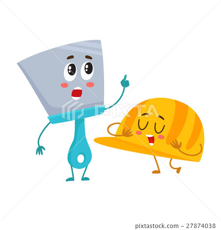 Funny hand trowel pointing up and helmet, hard hat 27874038