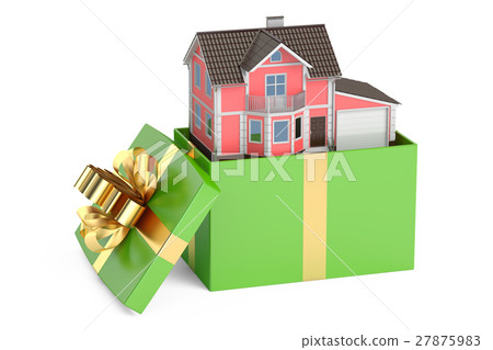 House gift. Mansion in gift box, 3D rendering House gift. Mansion in gift box, 3D rendering 27875983