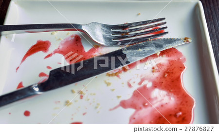 Empty plate smeared with fruit syrup Empty plate smeared with fruit syrup 27876827