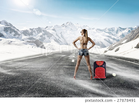 Hitch hiker woman on road 27878491