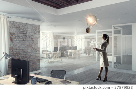 Businesswoman holding paper sheets mixed media 27879828
