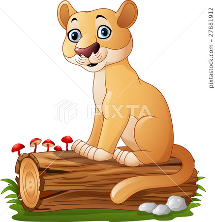 Cartoon feline sitting on tree log 27881912