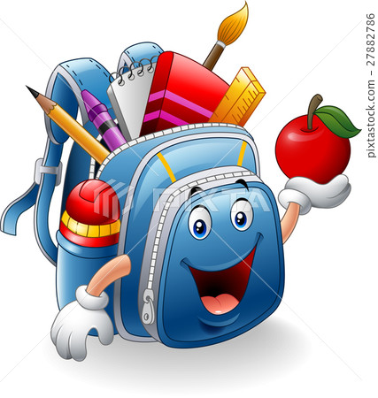 Cartoon school bag holding red apple