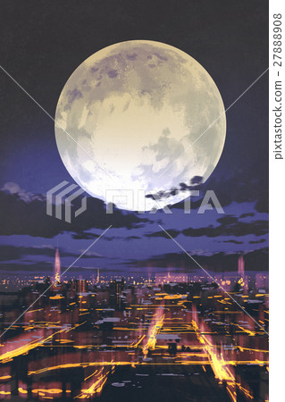 Night Scenery Of Full Moon Over Night City Stock Illustration 27888908 Pixta