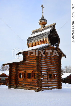 Wooden church. Winter. Museum of wooden architectu Wooden church. Winter. Museum of wooden architectu 27888974