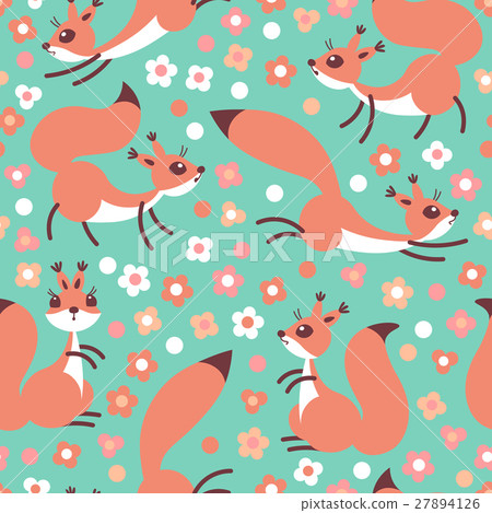 Little cute squirrels on flowers meadow. Seamless 27894126