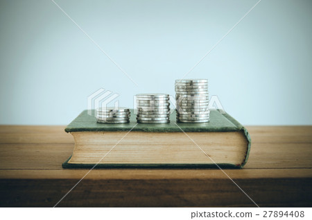 Business Growth concept, Coin stacks on old book. 27894408