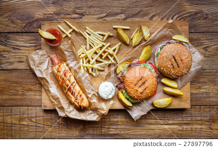 Fast food take away top view. Hamburger, hotdog 27897796