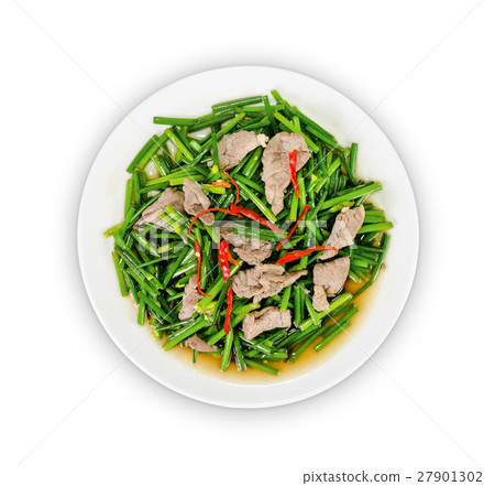 stir-fried pork and garlic chive isolated on white 27901302