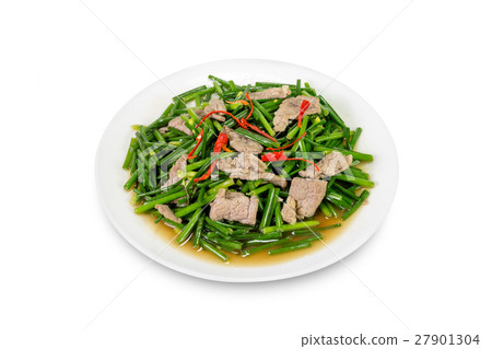 stir-fried pork and garlic chive isolated on white 27901304