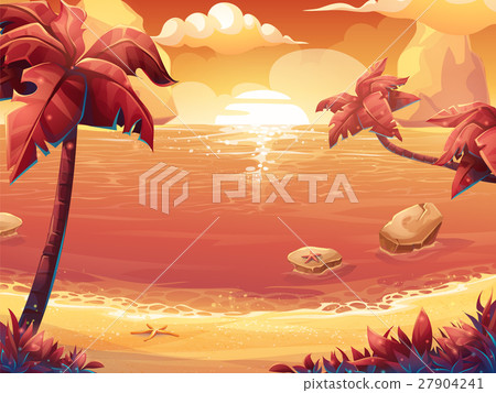 Sun, sunrise or sunset on the sea with palm trees - Stock Illustration ...