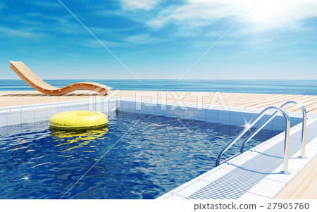 Blue swimming pool with yellow life ring floating  27905760