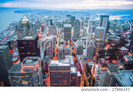 Aerial view of Seattle city scape  at night. 27906103