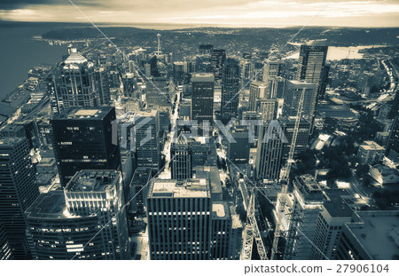 Aerial view of Seattle city scape  at night. 27906104