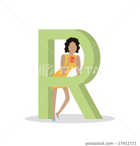 R Letter and Girl Plays on Smartphone. ABC Vector 27912721