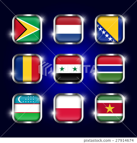 Set of world flags quadrangular glass buttons  27914674