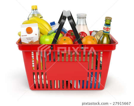 Shopping basket with variety of grocery products  27915667