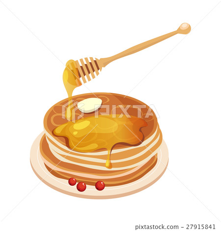Pile Of Pancakes With Honey Dipper Cartoon 27915841