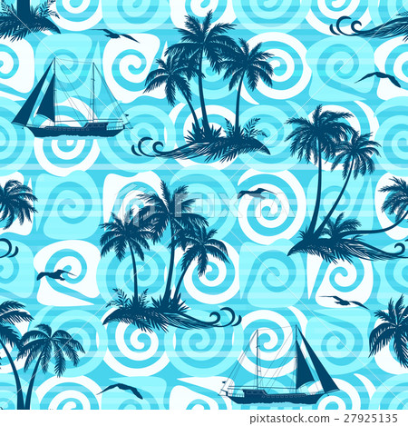 Palms, Ships and Seagulls, Seamless 27925135