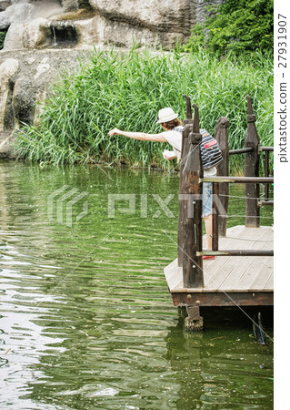 Young woman feeding aquatic animals 27931907