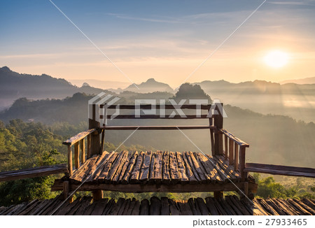 Viewpoint wood terrace with sunshine mountain Viewpoint wood terrace with sunshine mountain 27933465