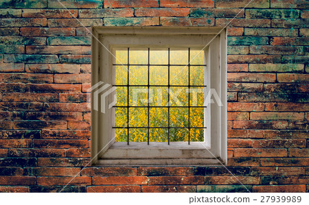 view of garden through window on  brick wall 27939989