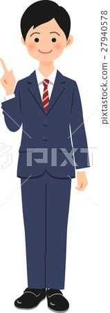 A man with a pointing pose wearing a navy suit A man with a pointing pose wearing a navy suit 27940578