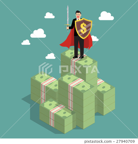 Businessman protecting money with shield and sword 27940709