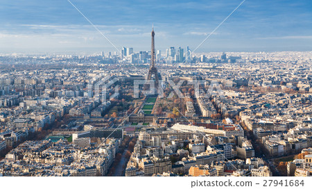 above view of Eiffel Tower in Paris cityscape 27941684