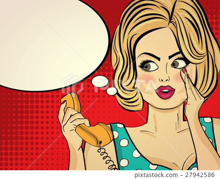 Surprised pop art woman with retro phone Surprised pop art woman with retro phone 27942586