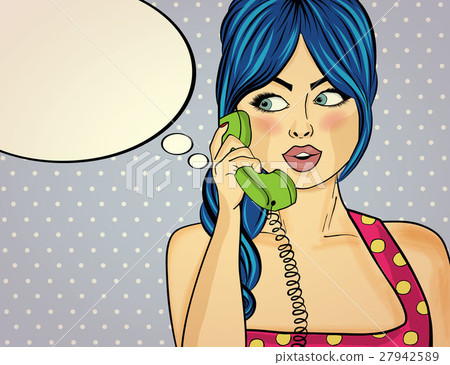 Surprised pop art woman chatting on retro phone Surprised pop art woman chatting on retro phone 27942589