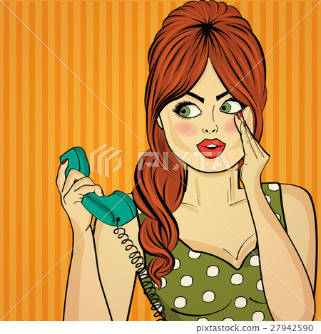 Surprised pop art woman with retro phone Surprised pop art woman with retro phone 27942590