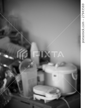 unorganized dirty abandoned kitchen corner B/W 27943569