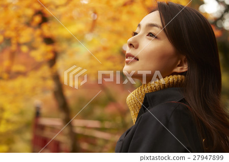 A woman enjoying autumn leaves 27947899