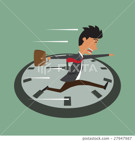 Cartoon businessman running on clock, Cartoon businessman running on clock, 27947987