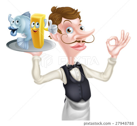 Cartoon Waiter Fish and Chip Mascots Cartoon Waiter Fish and Chip Mascots 27948788