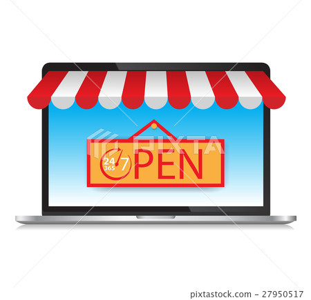 Laptop with awning and basket on line shop 27950517