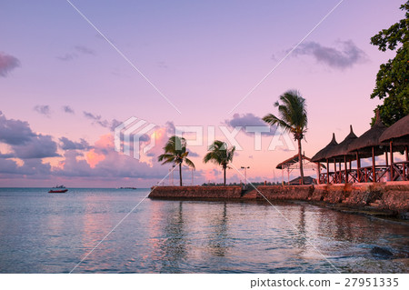 Beautiful  sandy beach  at sunset. Mauritius. 27951335