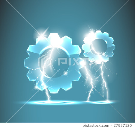glass gear icon with realistic lightnings glass gear icon with realistic lightnings 27957120