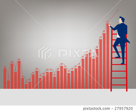 Businessman on ladder drawing charts and arrows  27957920