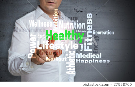 Healthy wordcloud touchscreen is operated by man Healthy wordcloud touchscreen is operated by man 27958700