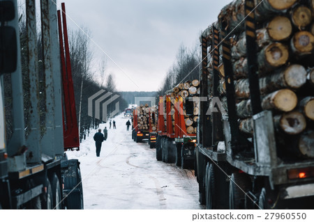 Loaded long vehicles on winter road among forest Loaded long vehicles on winter road among forest 27960550
