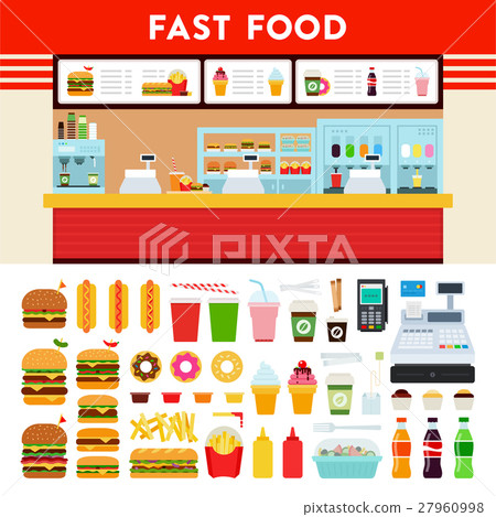 Fast food counter with menu sign. 27960998