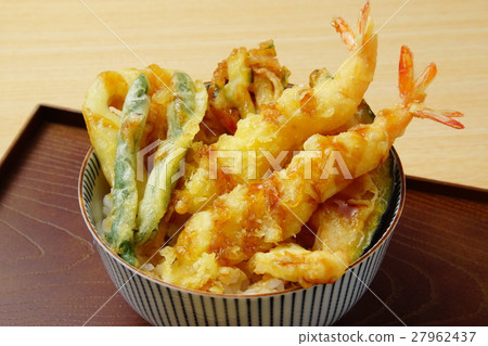 Bowl of rice and fried fish 27962437