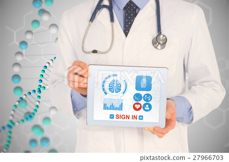 Composite image of doctor showing digital tablet on white background Composite image of doctor showing digital tablet on white background 27966703