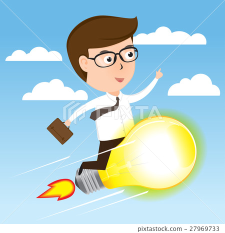 Businessman on light bulb rocket flying to success - Stock Illustration ...